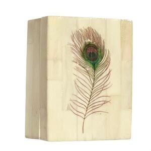 World Market Ivory Mosaic Trinket Box with Peacock Feather Design